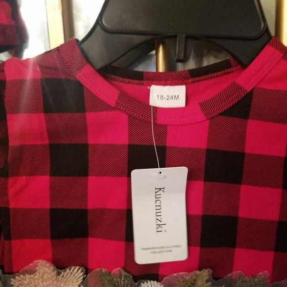 Girls Buffalo Plaid Black & Red Long Sleeve Floral Embroidered Tutu Dress NWT - Picture 4 of 12